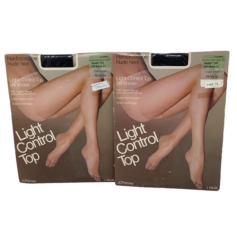 2X Vintage JCPenney Queen Tall Control Top Pantyhose Reinforced Off Black Stocki